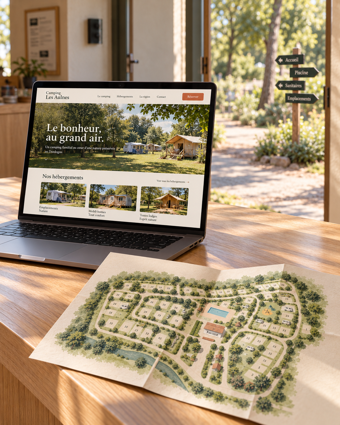 A laptop on a wooden reception desk shows a campsite website next to a folded campsite map, with a bright window and green campsite grounds behind