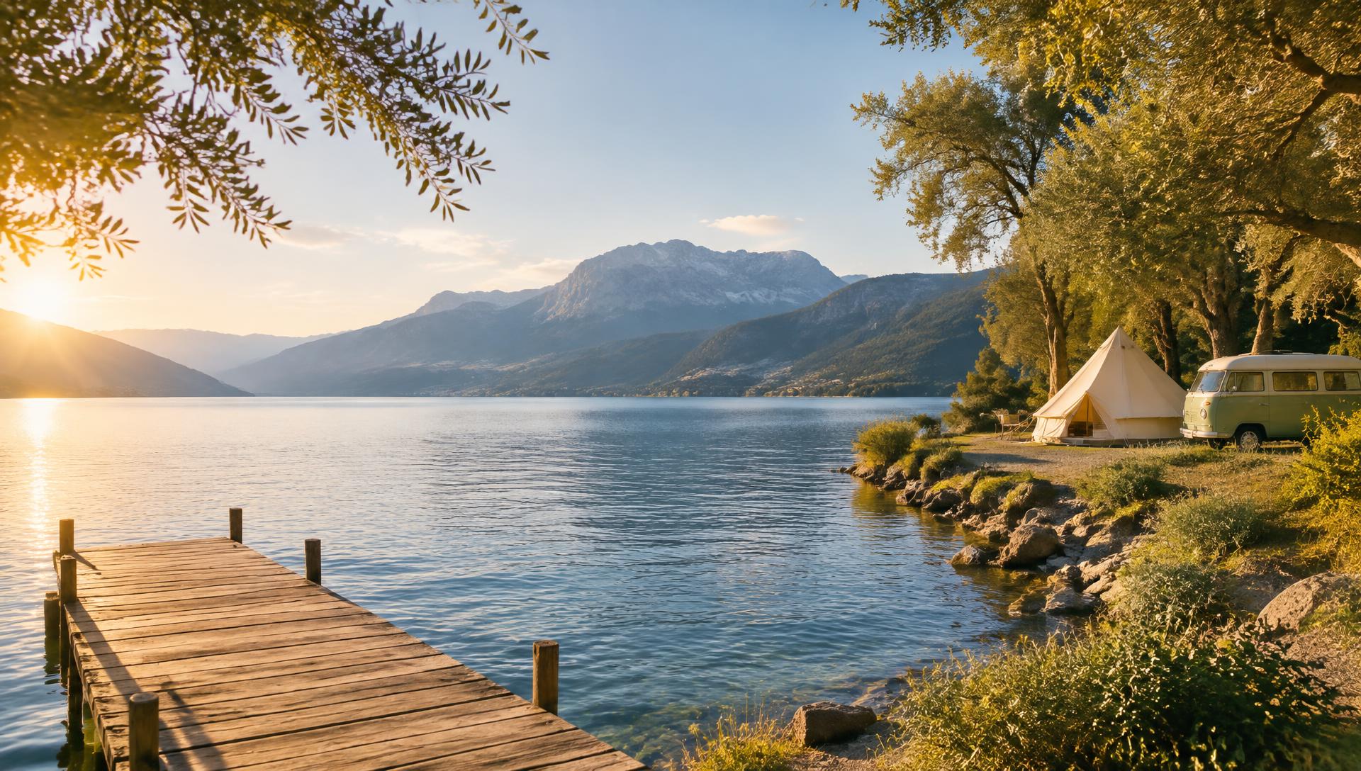 A tent and a camper van beside a quiet mountain lake with a wooden jetty at golden hour