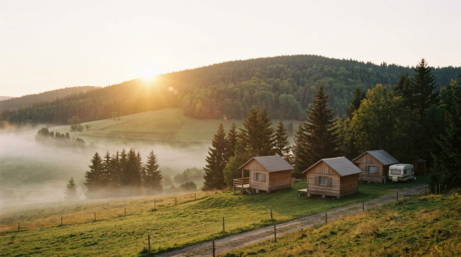 Simple wooden holiday chalets and a caravan on a forested hill in golden-hour mist